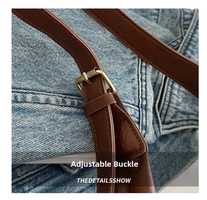 Macro detail of adjustable golden buckle and premium brown leather shoulder strap