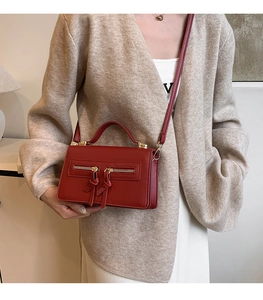 Detail view of red leather crossbody bag with dual parallel zippers and knotted tassels