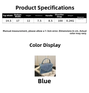 Detailed size chart and dimensions for the denim crossbody bag with fringe and chain strap