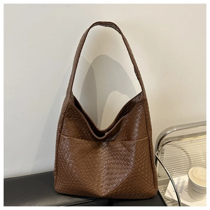 Brown woven PU leather tote bag with a minimalist large capacity shoulder design