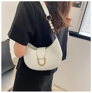 Detail of white crocodile pattern hobo bag with pearl strap and gold D-ring buckle