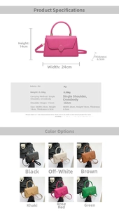 Infographic showing textured PU crossbody bag dimensions and six available vibrant colors