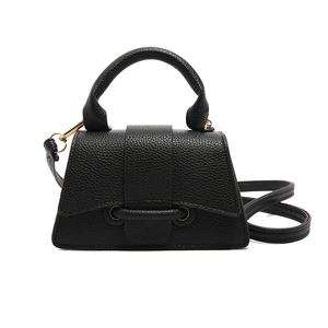 Mini black lychee pattern crossbody handbag with gold hardware and trapezoidal silhouette