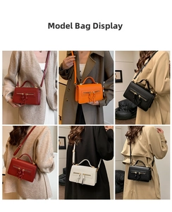 Detailed views of crossbody bags with dual zippers and tassels in four different colors