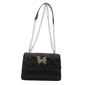 Black embossed fashion shoulder bag with silver butterfly clasp and chain strap