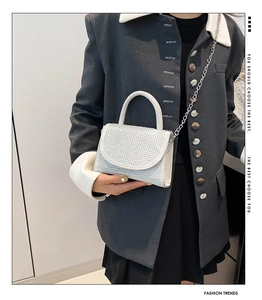 Silver rhinestone handbag with chain strap shown on a model in a dark gray blazer