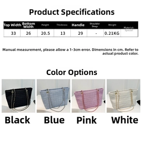 Tableau des tailles et présentation en quatre couleurs du sac cabas en tweed