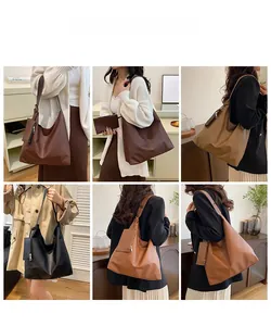 Detail shots of large retro tote bag showing capacity and shoulder strap fit on model
