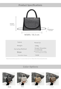 Detail view of the shimmering rhinestone studded flap on this designer crossbody chain bag