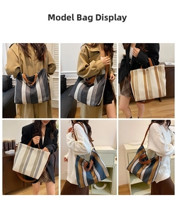 Detailed views of various striped canvas tote bags with leather straps on models