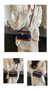 Detail view of a denim patchwork crossbody bag showing different wearing styles on a model