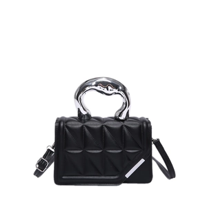 Quilted black handbag with unique silver metallic handle and adjustable shoulder strap