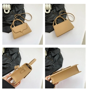 Detailed views of a khaki small square bag showing front, back, side, and bottom structure