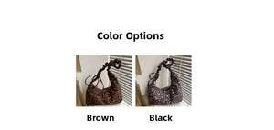 Detail view of leopard print shoulder bags in brown and black faux fur texture