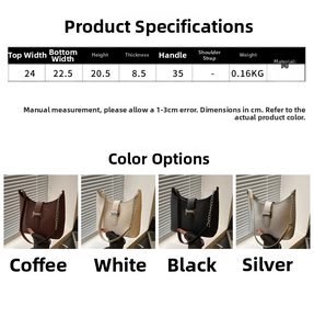 Detail showing women's PU leather bag in four colors with dimensions and metal buckle