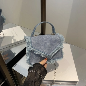 Denim Crossbody Bag Fringe Frayed Edge Handbag Retro Mini Shoulder Bag For Women With Metal Chain Strap
