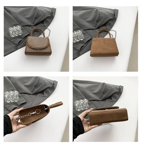 Brown suede handbag with silver rhinestones, chain strap, and detailed interior views