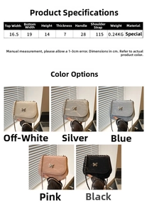 Detailed size chart and five color variants of butterfly chain crossbody bag