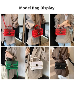 Crocodile pattern small square bag with metallic turn-lock closure and adjustable strap