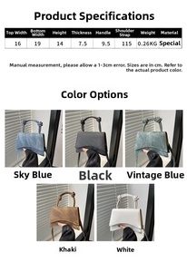 Detailed size parameters and color options for the stylish knotted handle crossbody bag