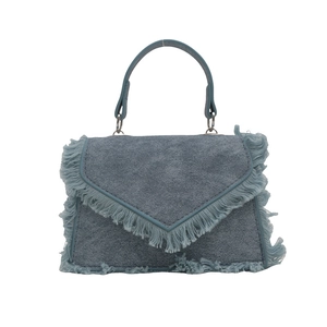 Retro denim fringe handbag with silver chain and curved handle for women's fashion