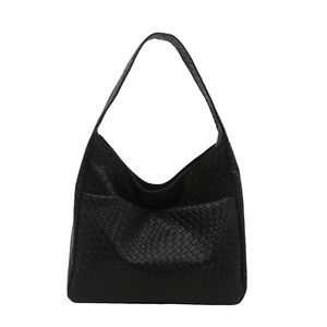 Retro black woven large capacity tote bag with minimalist shoulder hobo silhouette