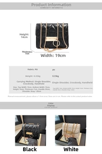 Detail showing dimensions and quilted texture of mini chain shoulder bags in black and white