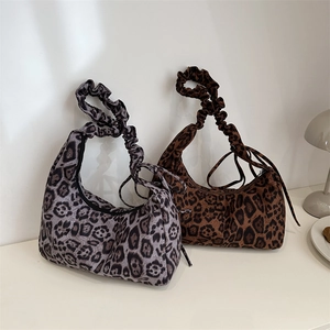 Vintage leopard print tote bag with ruched shoulder strap in brown and grey color