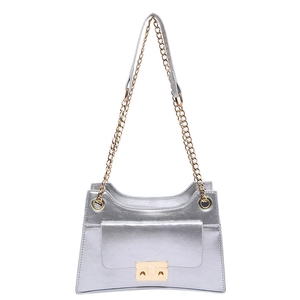 Metallic silver crossbody bag with golden chain strap and rectangular lock buckle