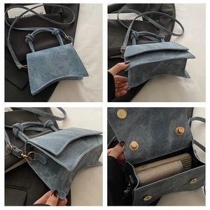 Four-angle detail of blue frosted texture handbag with curved base and woven handle