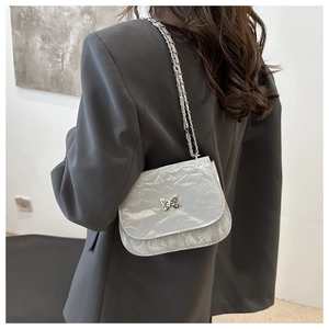 Detail of grey pleated shoulder bag with silver butterfly clasp and chain strap