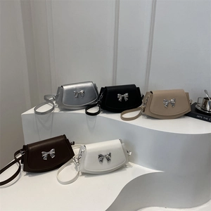 Mini Crossbody Bag PU Leather Silver Bow Decoration Niche Design Small Shoulder Handbag For Women Chic Elegant