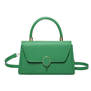 Bright green textured leather crossbody small square bag with gold oval metal buckle decor