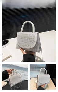 Detailed views of a white rhinestone handbag with metallic chain and handle