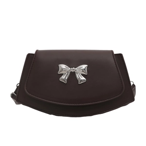 Minimalist retro dark brown leather crossbody bag with silver metal bow decoration