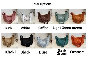 Detailed grid view showcasing ten color options for the printed canvas shoulder bags