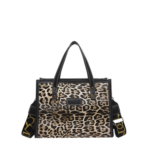 Retro leopard print tote bag with black PU handles and yellow lettered crossbody strap