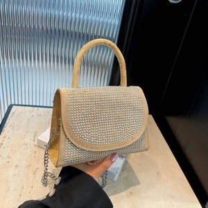Elegant apricot handbag with silver rhinestones and chain strap for women