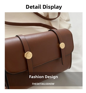 Close-up of brown leather square bag with vintage gold buckles and fine texture