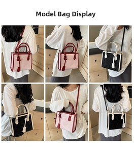 Borsa a mano da donna bicolore mostrata in vari angoli e stili di tendenza