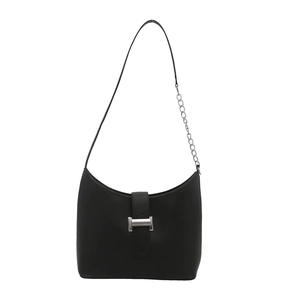 Black minimalist underarm bag with silver H-buckle and chain strap on white background
