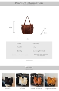 Detailed size specifications and color options for the large corduroy tote bag