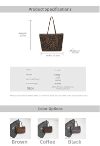 Detailed size chart and multi-color view of leopard print tote bag with dimensions