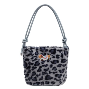 Leopard print plush tote bag with cute dog embroidery and blue rope straps for winter