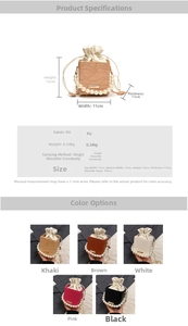 Detail specifications of lace-textured bucket bag with pearl handle and chain strap
