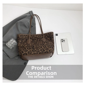 Detail of leopard print tote bag with brown straps styled with stationery and a blazer