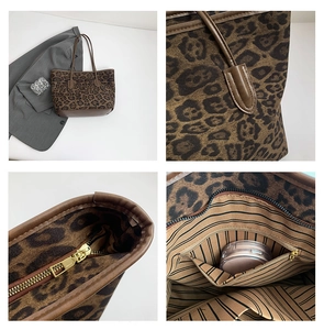 Detail view of leopard print tote bag with brown leather handles and striped interior