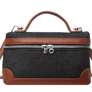 Retro denim patchwork box handbag with brown leather trim and top handle crossbody bag