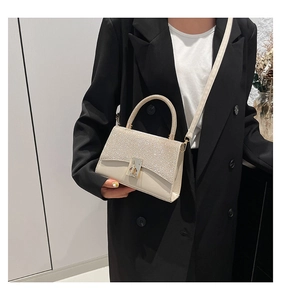 Dettaglio della borsa beige elegante con manico in strass e chiusura a girello dorata