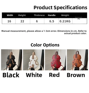 Size chart showing PU leather violin shaped bag dimensions and 4 color variants